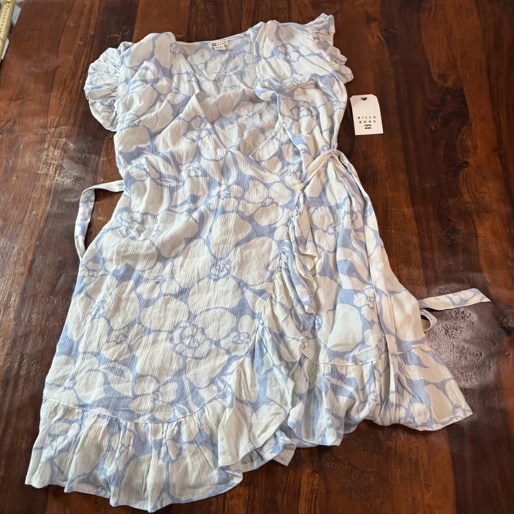 Billabong Wrap and Roll Floral Mini Dress Blue White Ruffle XS ABJWD00247 - Picture 9 of 12